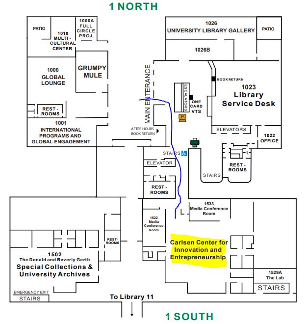 Map showing how to get to the Carlsen center within the library