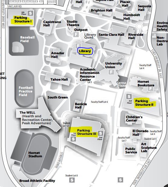Campus map showing the location of the library and parking